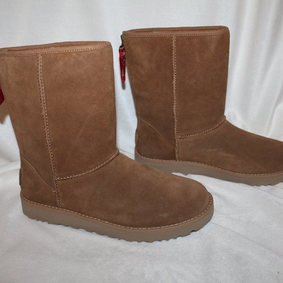 NIB UGG CLASSIC SHORT LOGO‎ ZIP UP SUEDE SHEARLING BOOTS CHESTNUT - Picture 4 of 8
